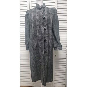Vtg Herringbone Tweed Chevron Gray Wool Coat Puff Sleeve 80's EUC USA SZ 7
